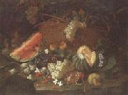 unknow artist Still life of a watermelon,red and white grapes,figs,cherries,mushrooms,a melon,and a basket with vine-leaves,upon a ledge oil painting